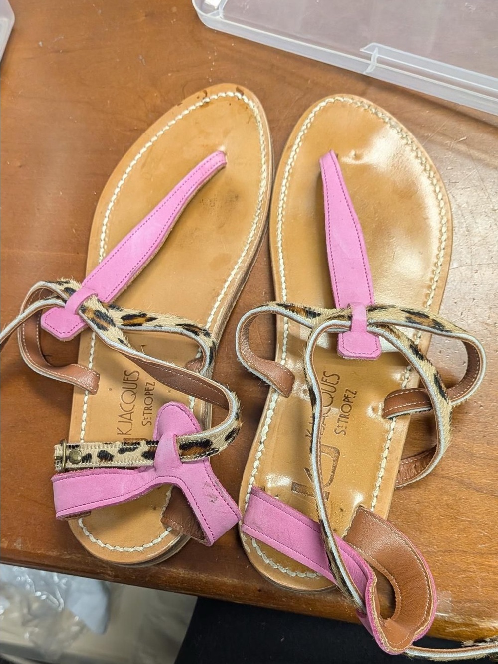 K.Jacques Pink Leather and Leopard-Print Thong Sandals